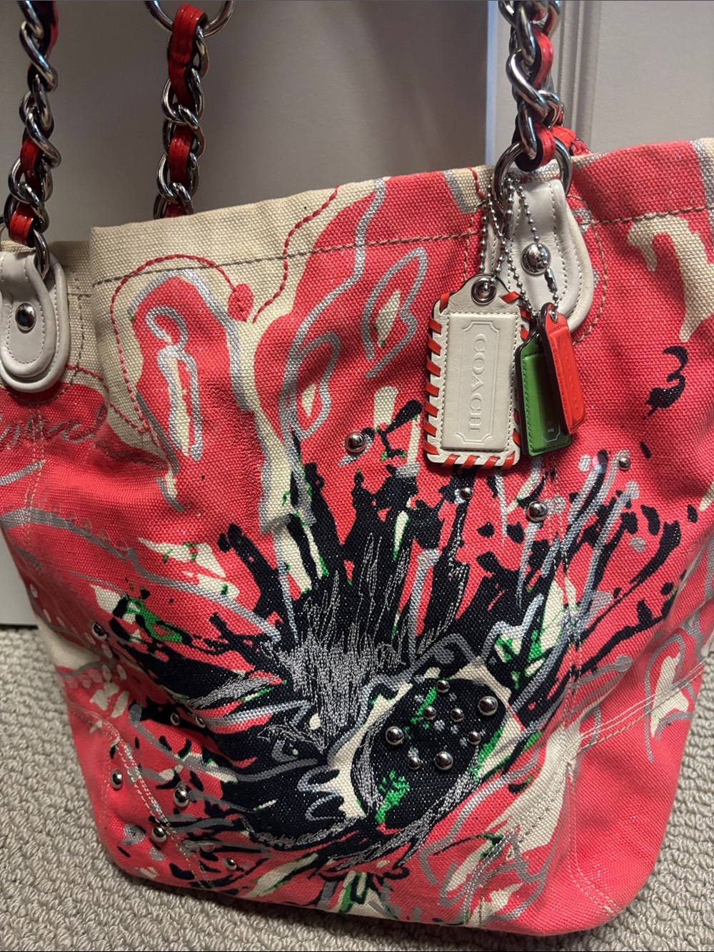Coach Coral and Cream Floral Canvas Tote with Chain-Detail Straps - Picture 3 of 6